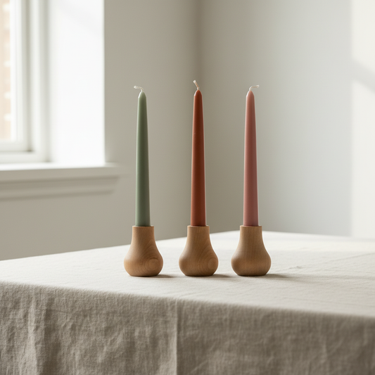 KABUQ Bulb 3'lü Şamdan Mumluk Set Kayın — adaçayı yeşili, terracotta ve gül kurusu mumlarla, keten masa örtüsü üzerinde