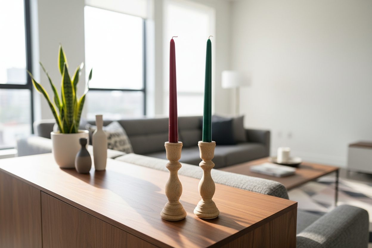 Konsol - bordo ve yeşil mumlar