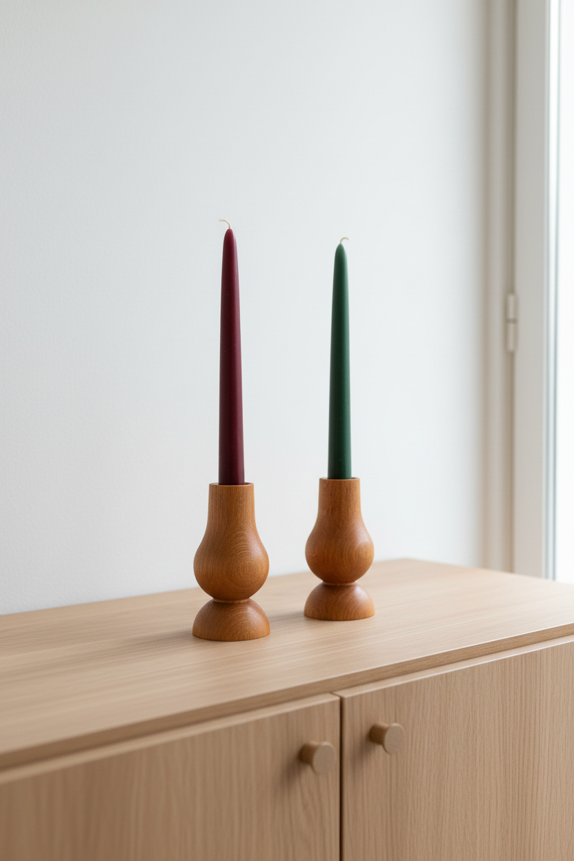 KABUQ Elegance el yapımı kayın şamdan seti - uzun konik mumlarla