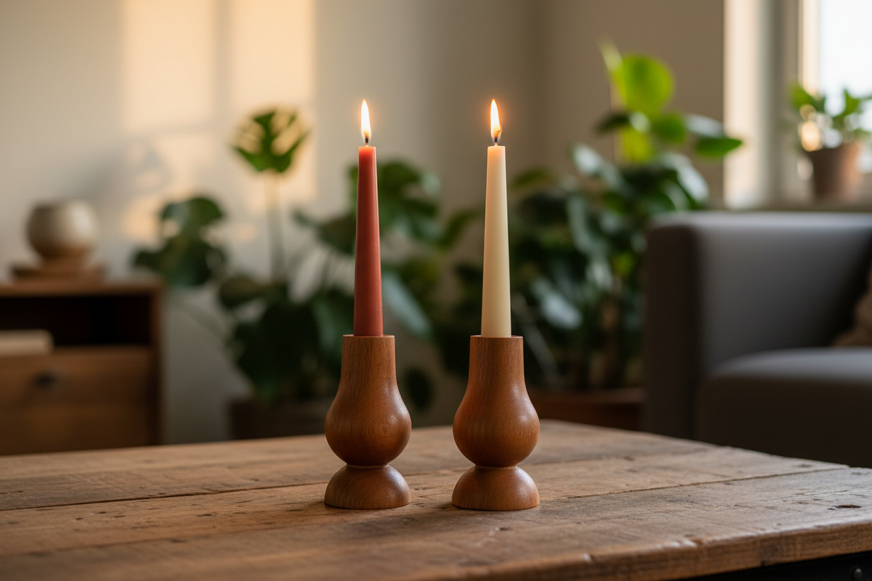 Yanan mumlarla kayın şamdan seti - sıcak atmosfer