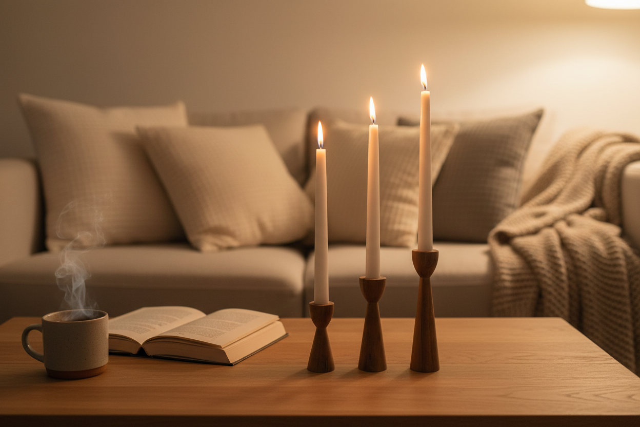 Kahve masasında şamdan - yanık mumlar